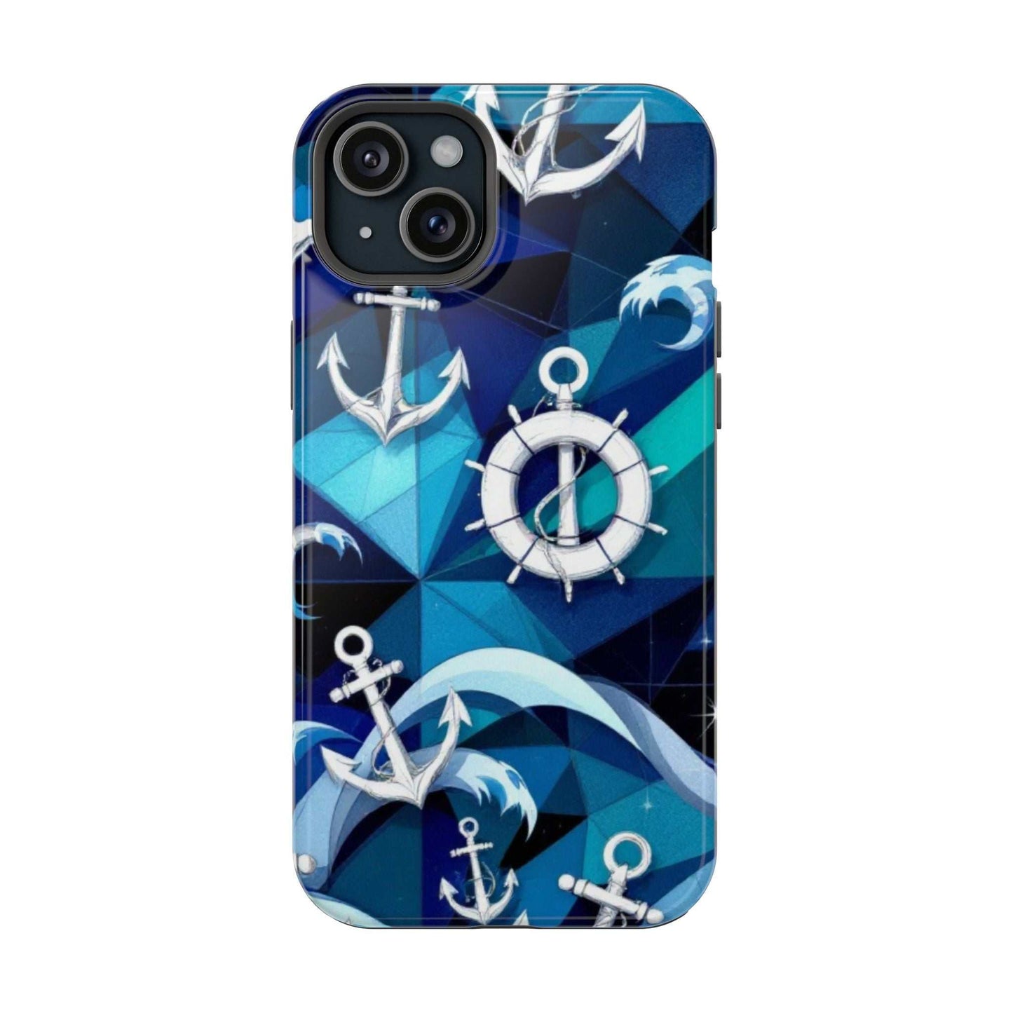 Nautical Anchors iPhone Case with maritime anchor and ship wheel design on blue geometric background, durable protective cover with MagSafe compatibility