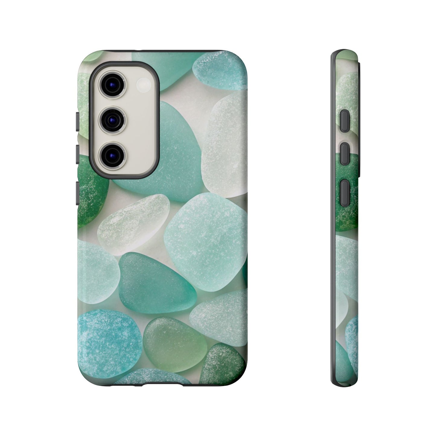 Samsung tough phone case with calming sea glass design in shades of green and blue, durable and impact-resistant protection for Galaxy models