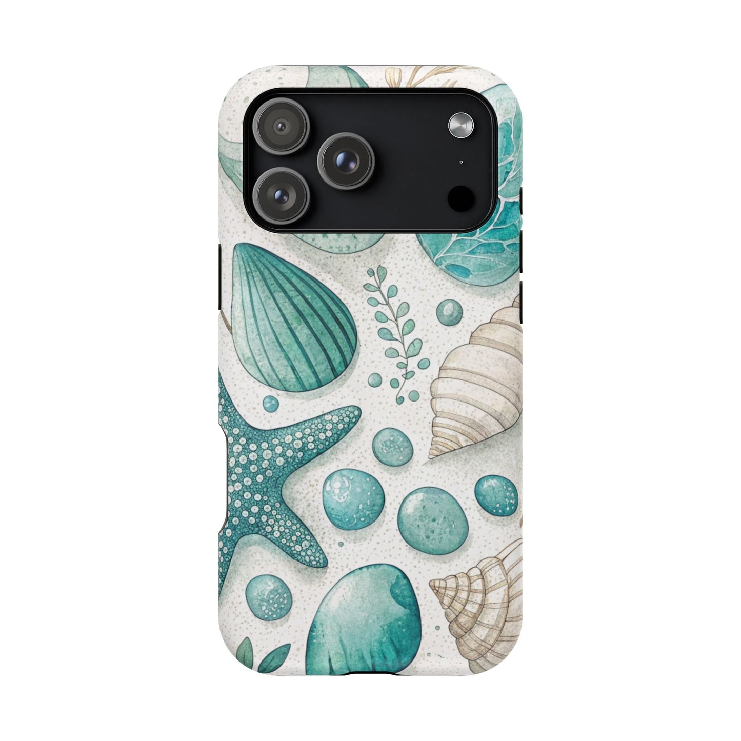 Celebration Sea iPhone Tough Case with vibrant sea shell and starfish design, durable dual-layer protective cover with MagSafe compatibility.