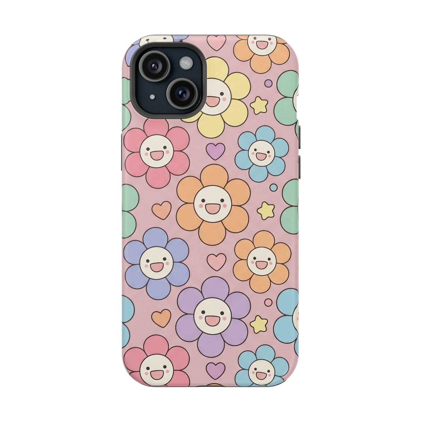 Happy Flower iPhone Tough Case with colorful smiling floral design, impact-resistant MagSafe compatible phone cover