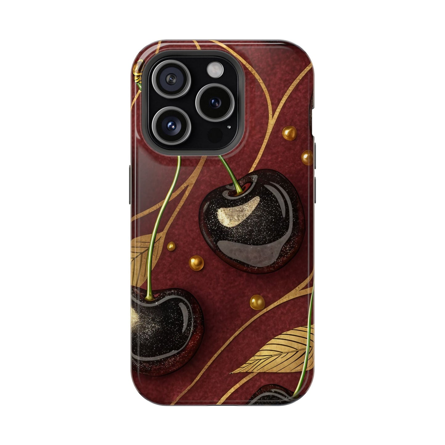Golden Cherry iPhone Tough Case with vibrant cherry-gold design, durable dual-layer protection, and MagSafe compatibility for iPhone 13 to 17 Pro Max models