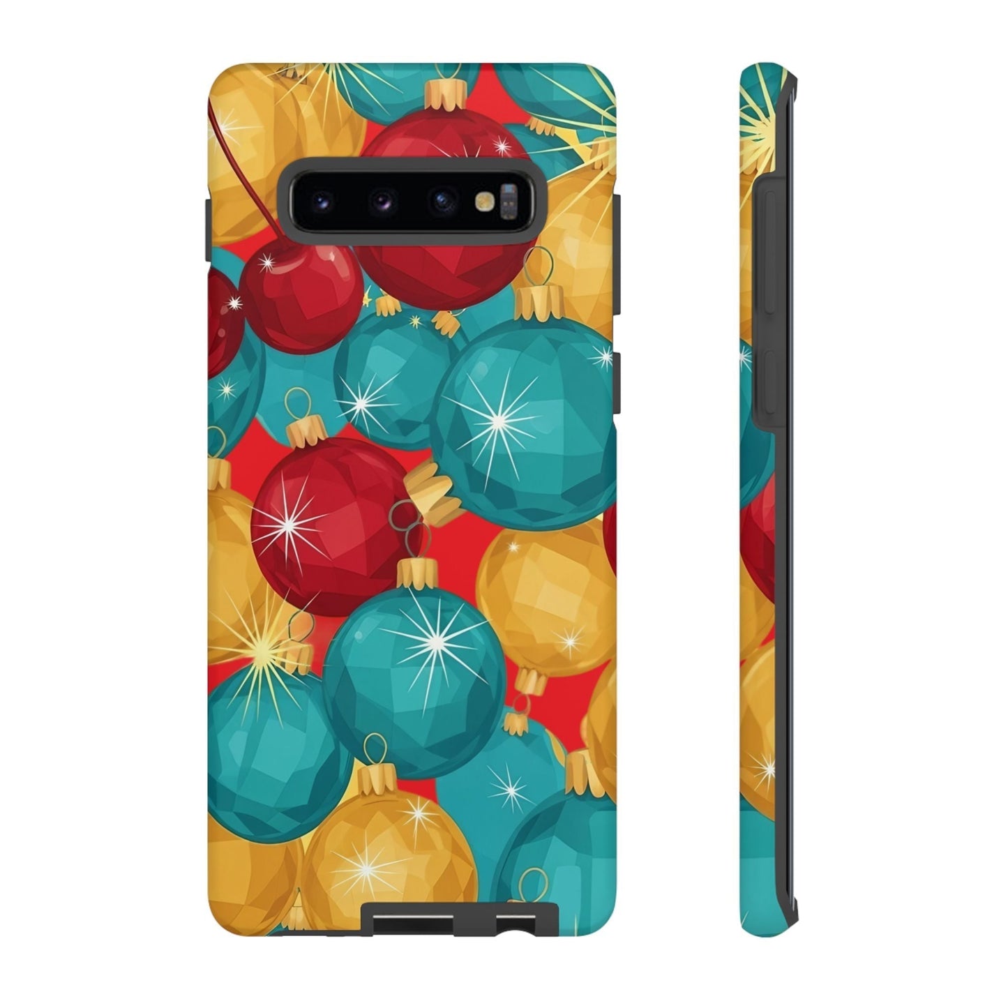 Samsung phone case with colorful red, blue, and gold Christmas bulb design, durable shock-absorbing protective cover, supports wireless charging