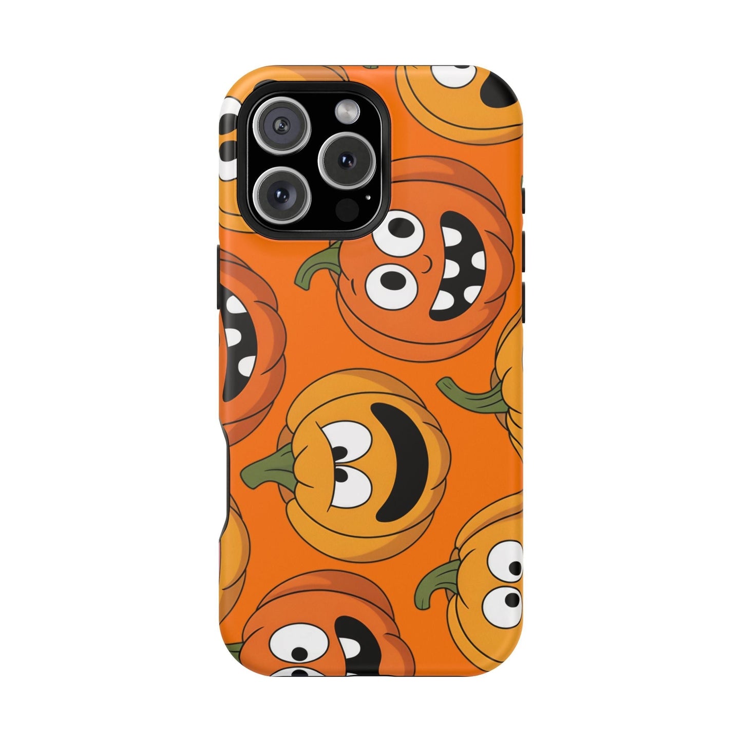 Moody Pumpkins Design iPhone case with vibrant Halloween pumpkin faces, durable protective polycarbonate and TPU material, compatible with MagSafe accessories.