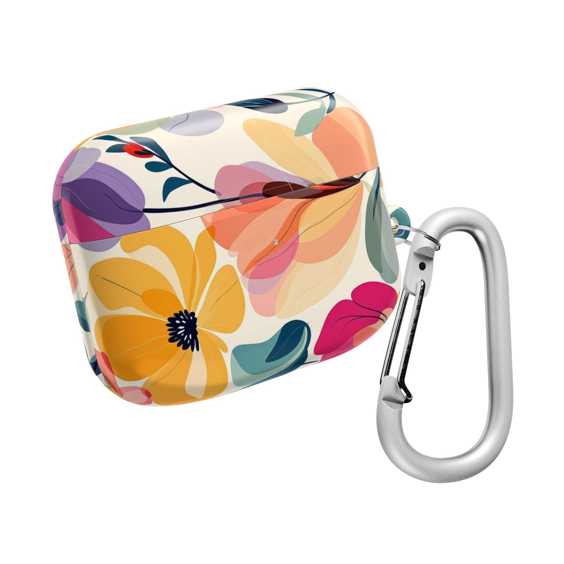 Floral AirPod case with colorful watercolor flower design and attached silver carabiner clip