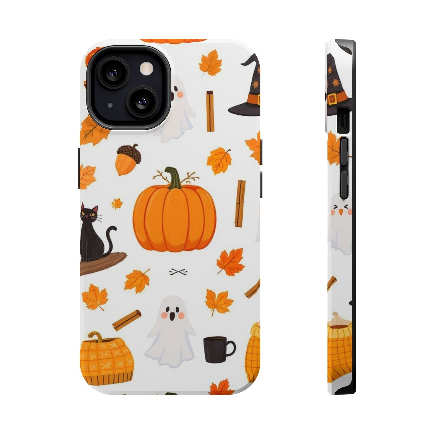 Halloween Pumpkins iPhone case with pumpkins, ghosts, black cat, autumn leaves, and witch hat design, durable protective cover with MagSafe compatibility