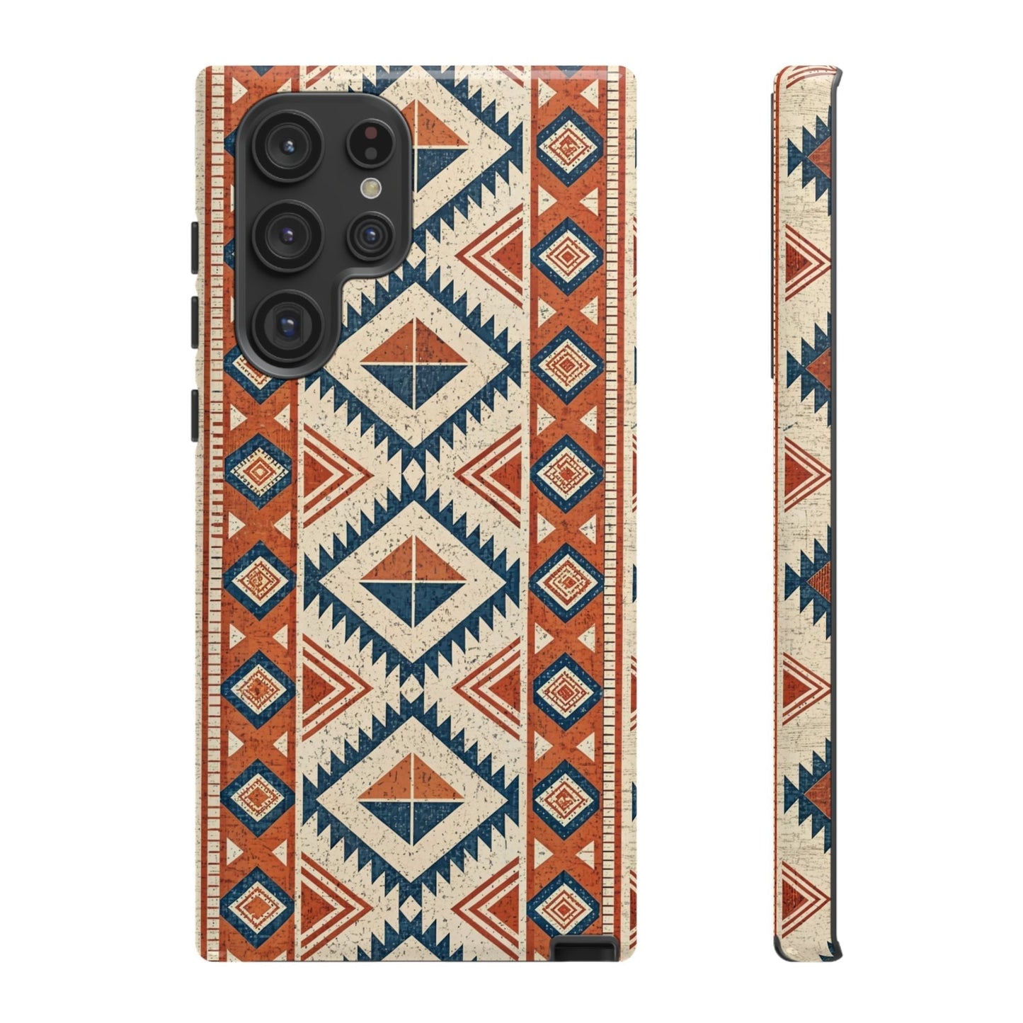 Samsung phone case with tribal design pattern in red, blue, and beige for Galaxy S series models, tough and stylish protection.