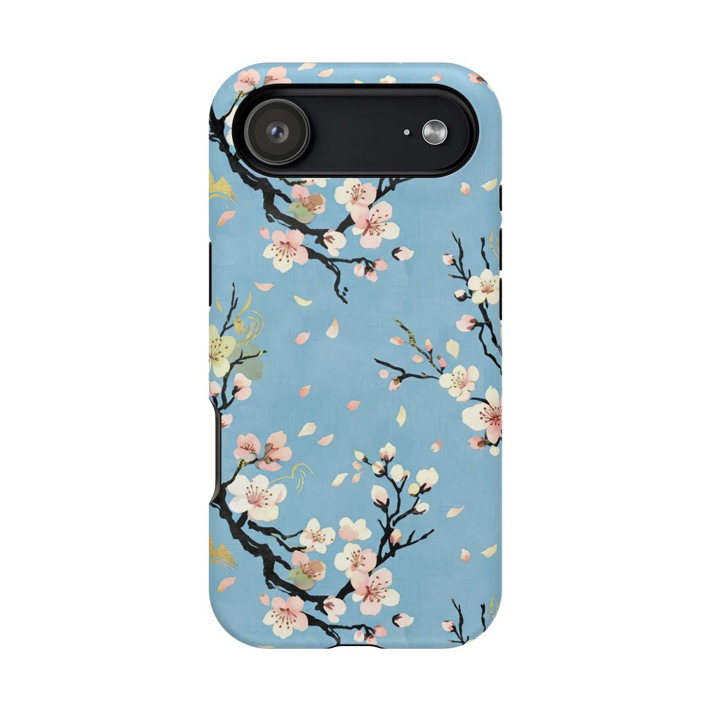 Blue floral Spring Bloom iPhone Tough Case with impact-resistant dual-layer design and MagSafe compatibility