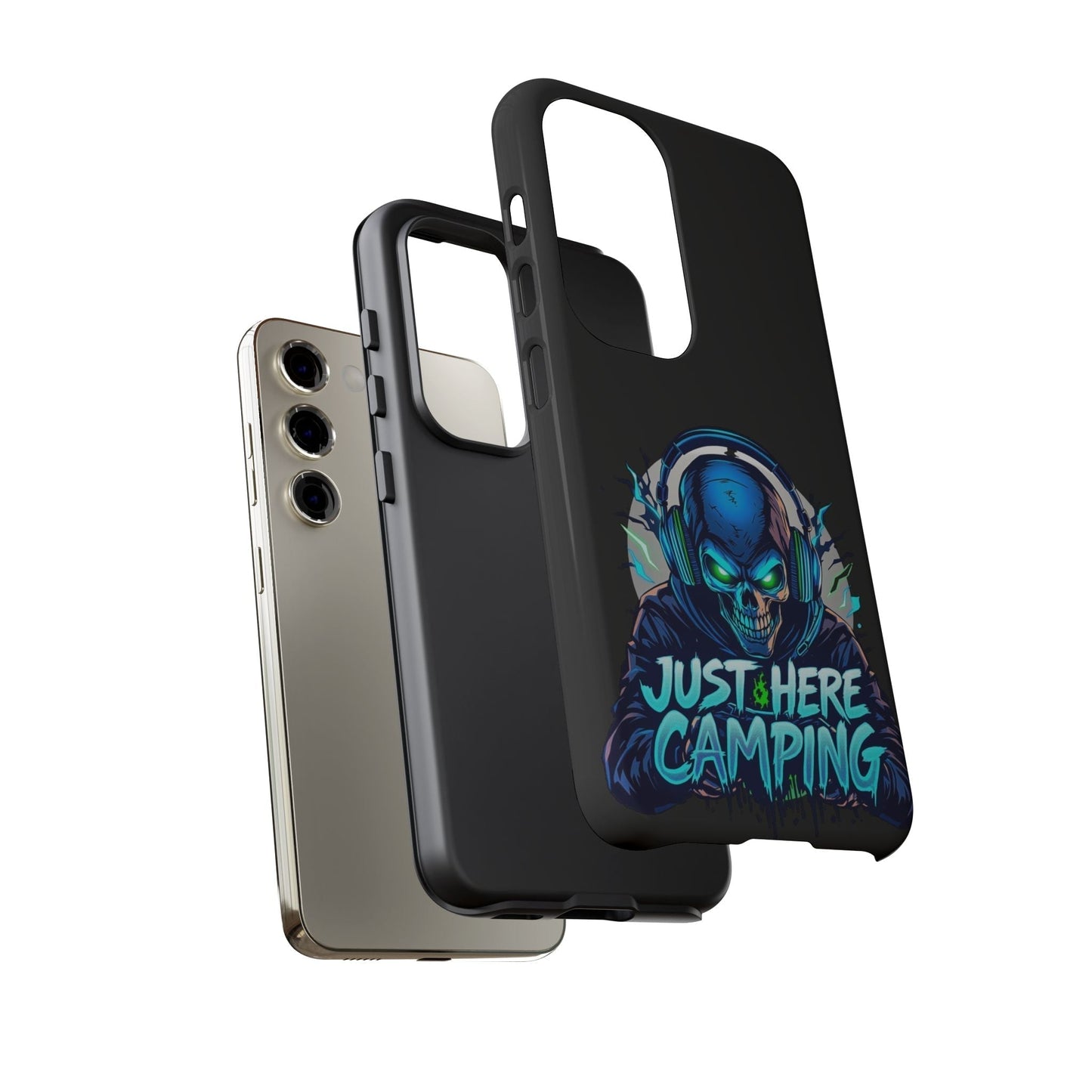 Samsung Tough Case for gaming enthusiasts with Just Here Camping skull design and premium protection for Galaxy S series phones