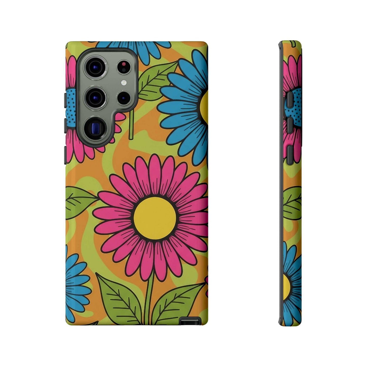 Samsung Tough Case with colorful floral design, durable impact-resistant protection, and shock-absorbing silicone liner for Galaxy phone