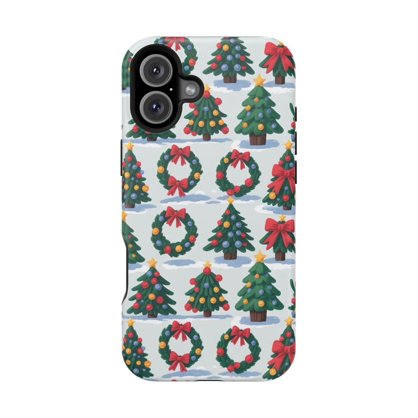 iPhone case with festive holiday tree and wreath pattern in red, green, and gold colors for Christmas celebration