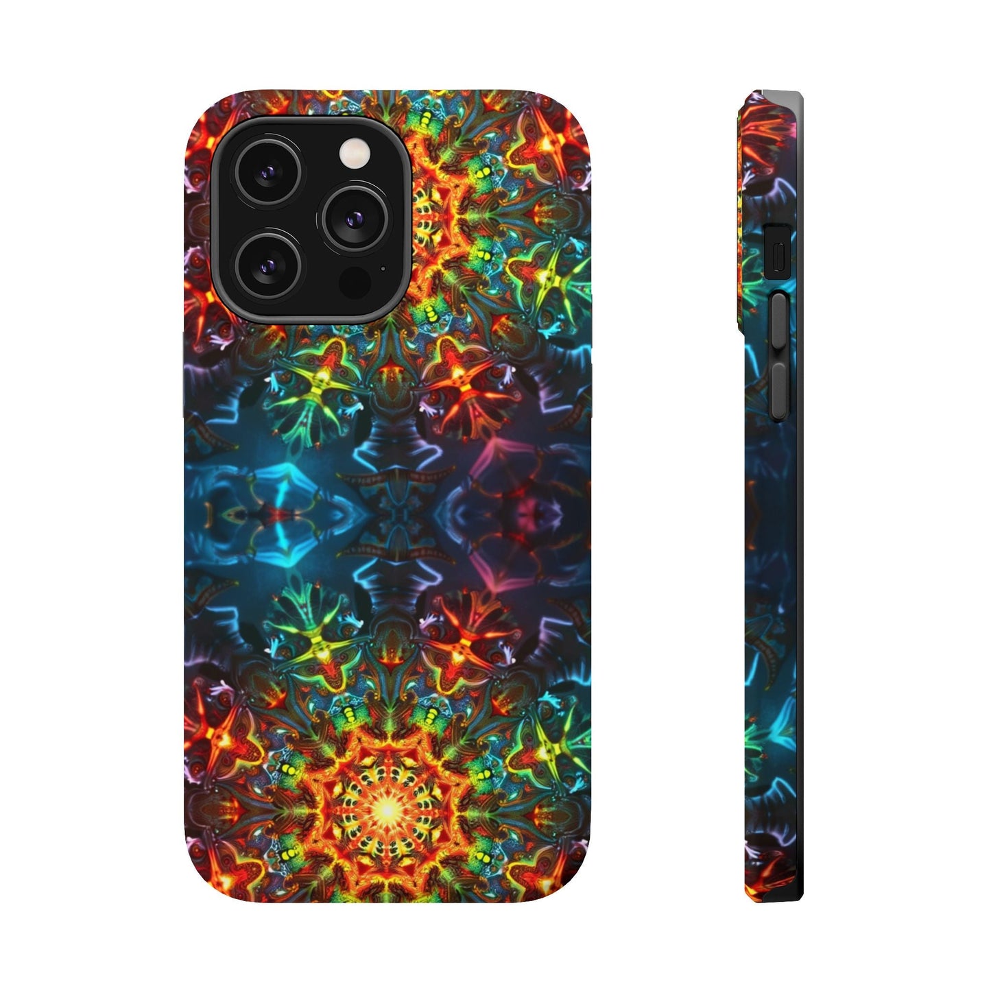 Abstract kaleidoscope design iPhone case with vibrant colorful pattern and dual-layer protection