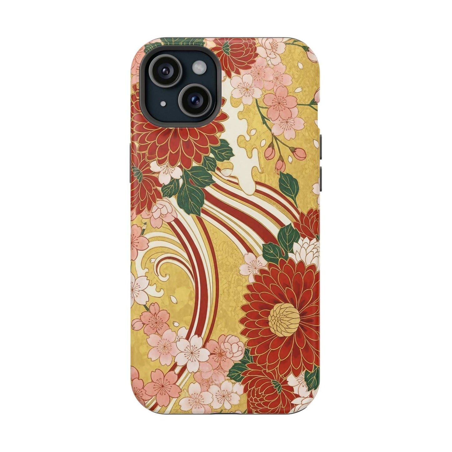 iPhone case with Japanese chrysanthemum and cherry blossom floral design, impact-resistant, MagSafe compatible
