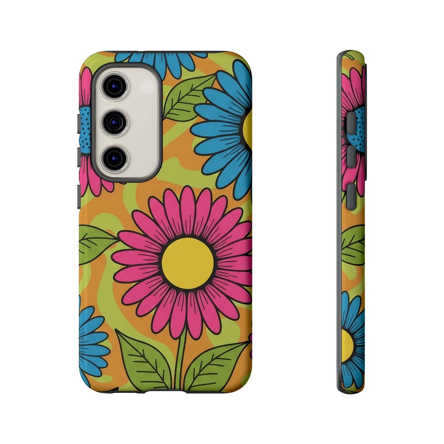 Samsung Tough Case with vibrant floral design, durable impact-resistant shell, shock-absorbing silicone liner, and wireless charging compatibility