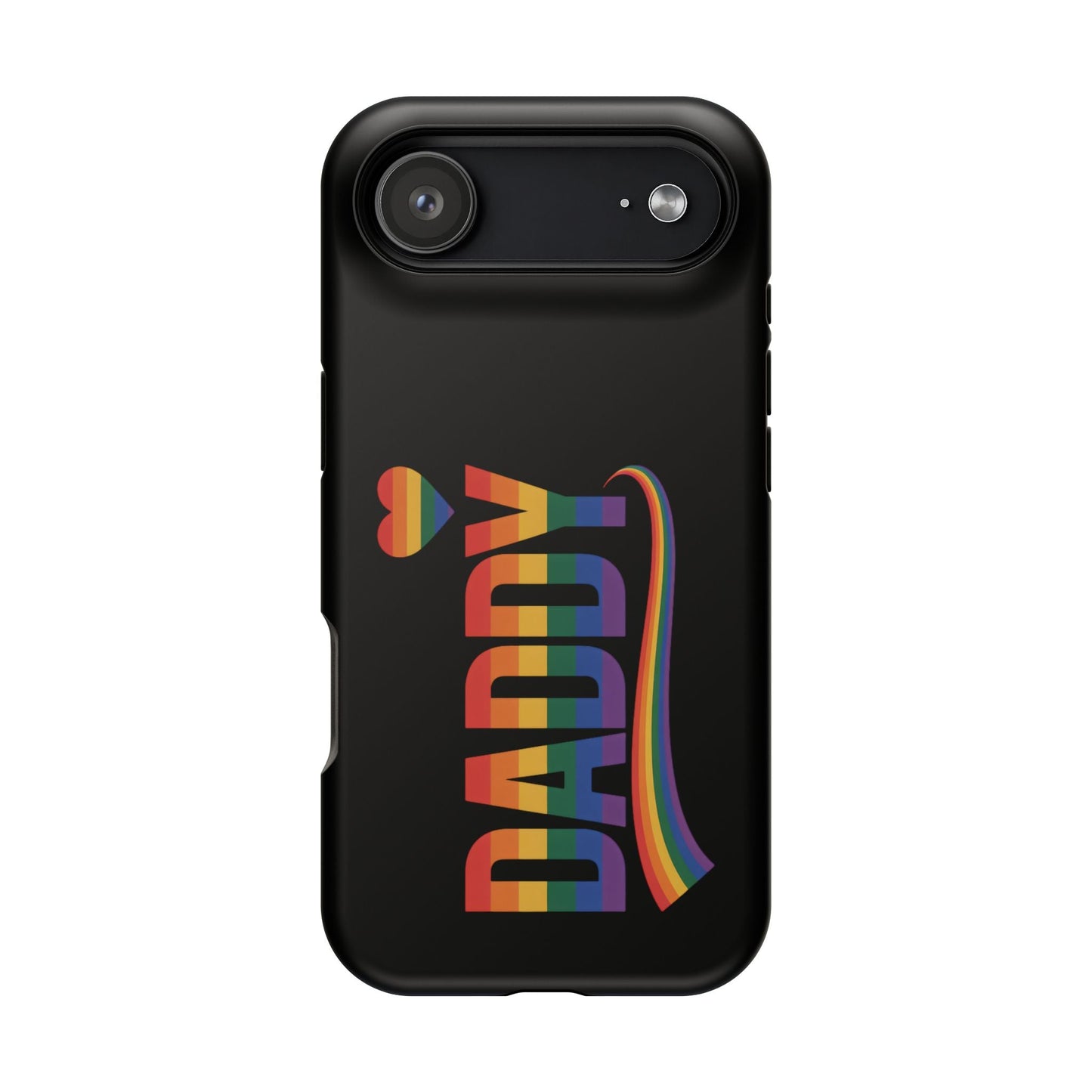 Black iPhone case with "DADDY" text in rainbow colors and heart, Fun Daddy LGBT Daddy design