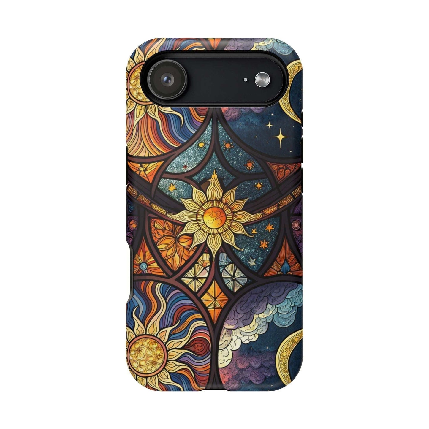 Sun and Moon iPhone Case with vibrant cosmic artwork and durable protection for iPhone 13 to 16.