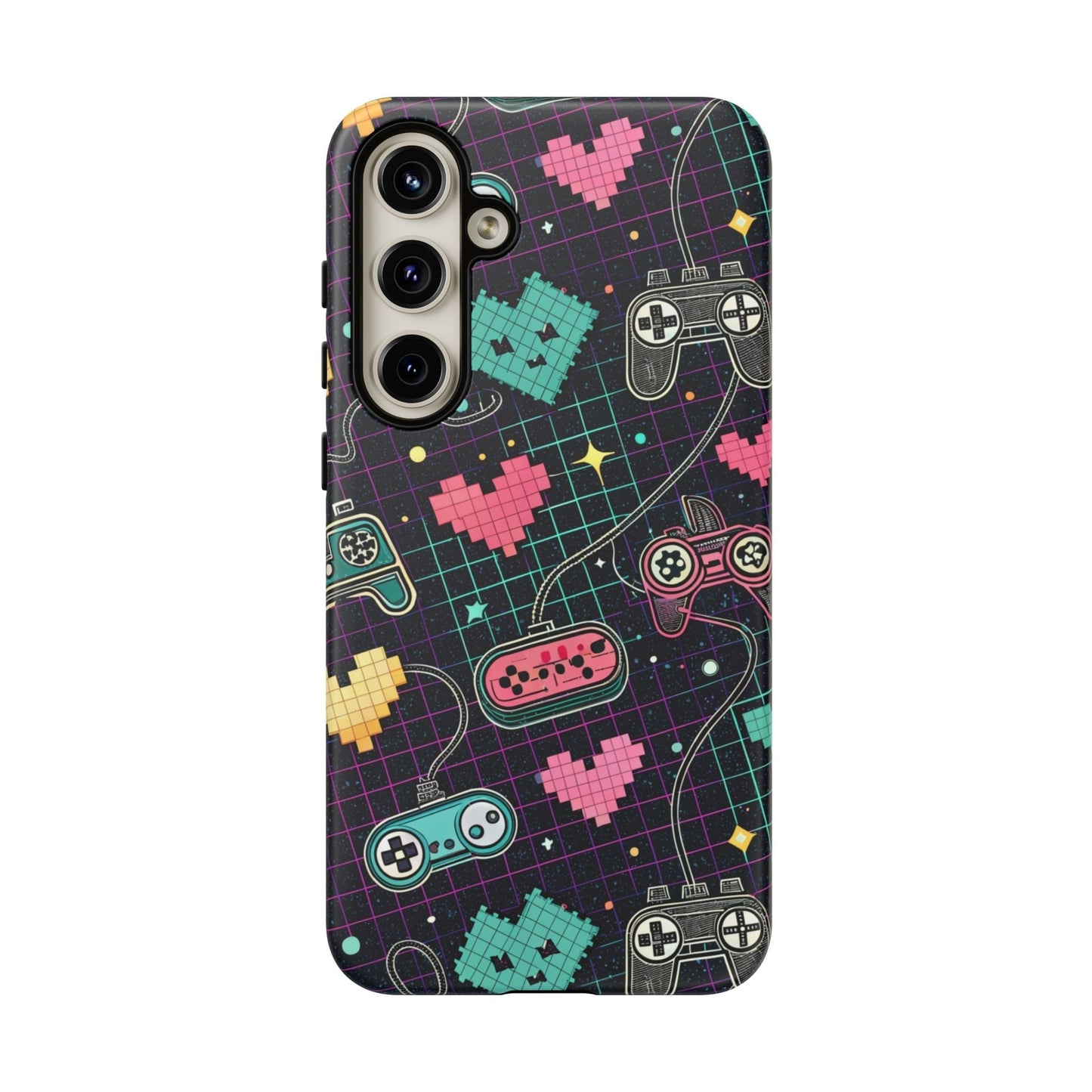 Samsung Galaxy phone case with retro gamer tough case design featuring colorful pixelated hearts and classic game controllers