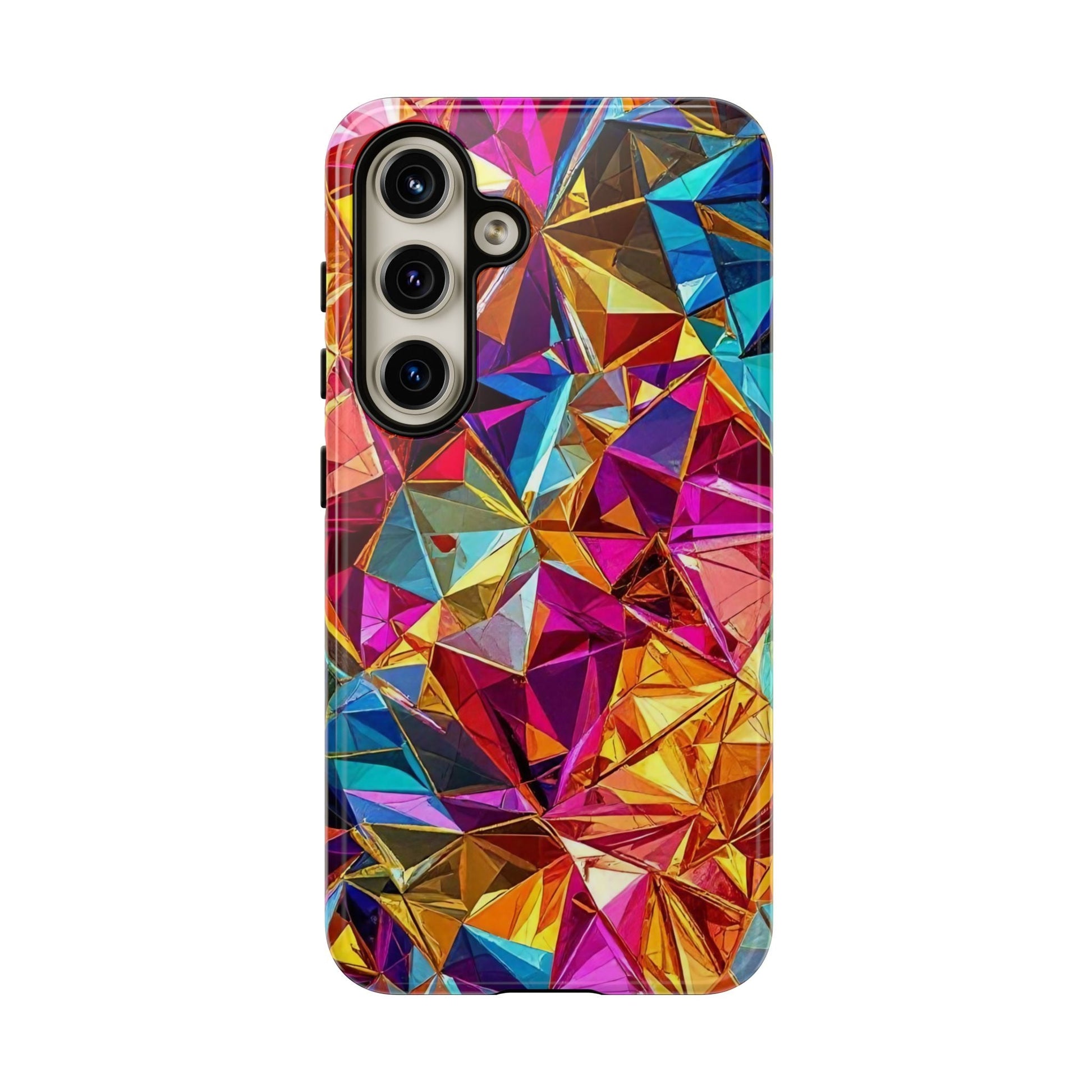 Samsung phone case with vibrant rainbow foil geometric design and durable protection
