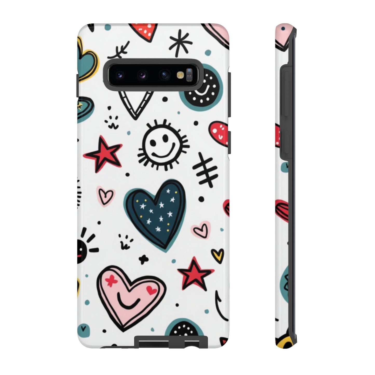 Smiles and Hearts Samsung tough phone case with playful hearts and smiley face design, durable shock-absorbent protection for Samsung Galaxy models