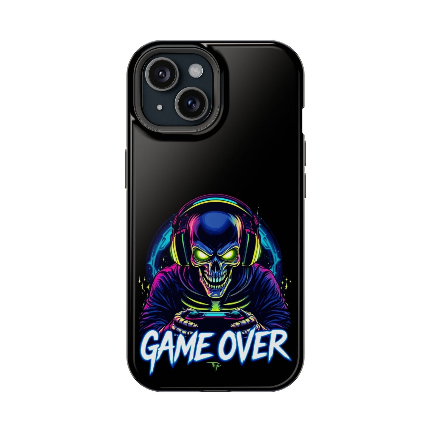 Game Over Gamer iPhone tough case with vibrant skull gamer design, dual-layer protection, and MagSafe compatibility
