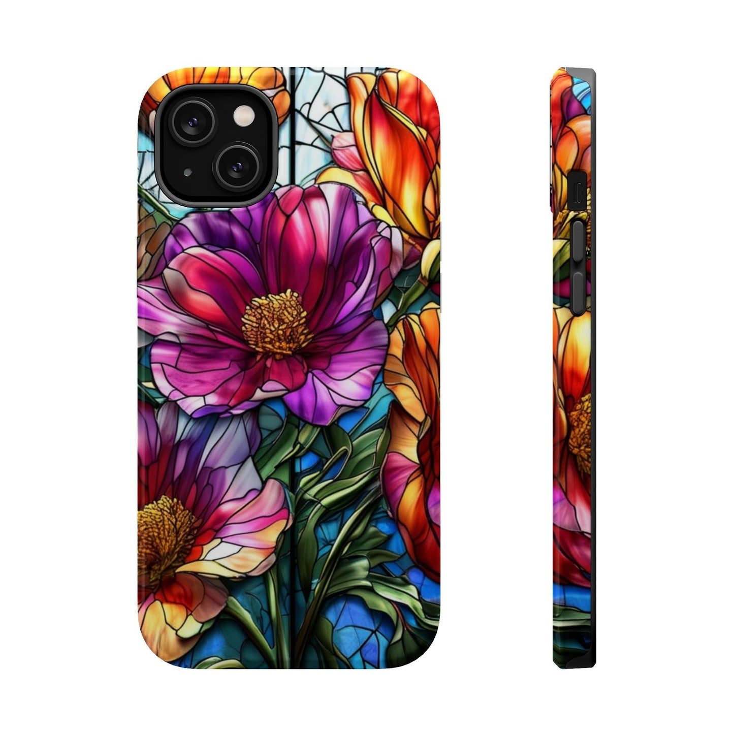 MagSafe compatible iPhone case with vibrant purple flower and colorful floral design in durable protective shell