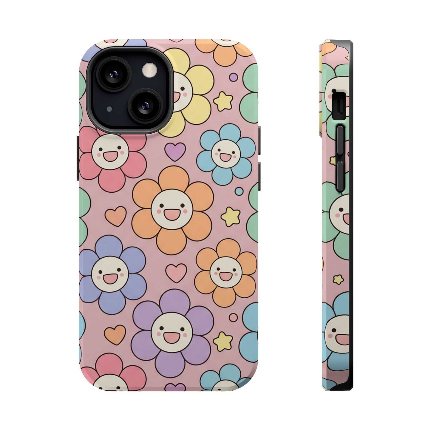 Happy Flower iPhone Tough Case with colorful smiling floral design and MagSafe compatibility