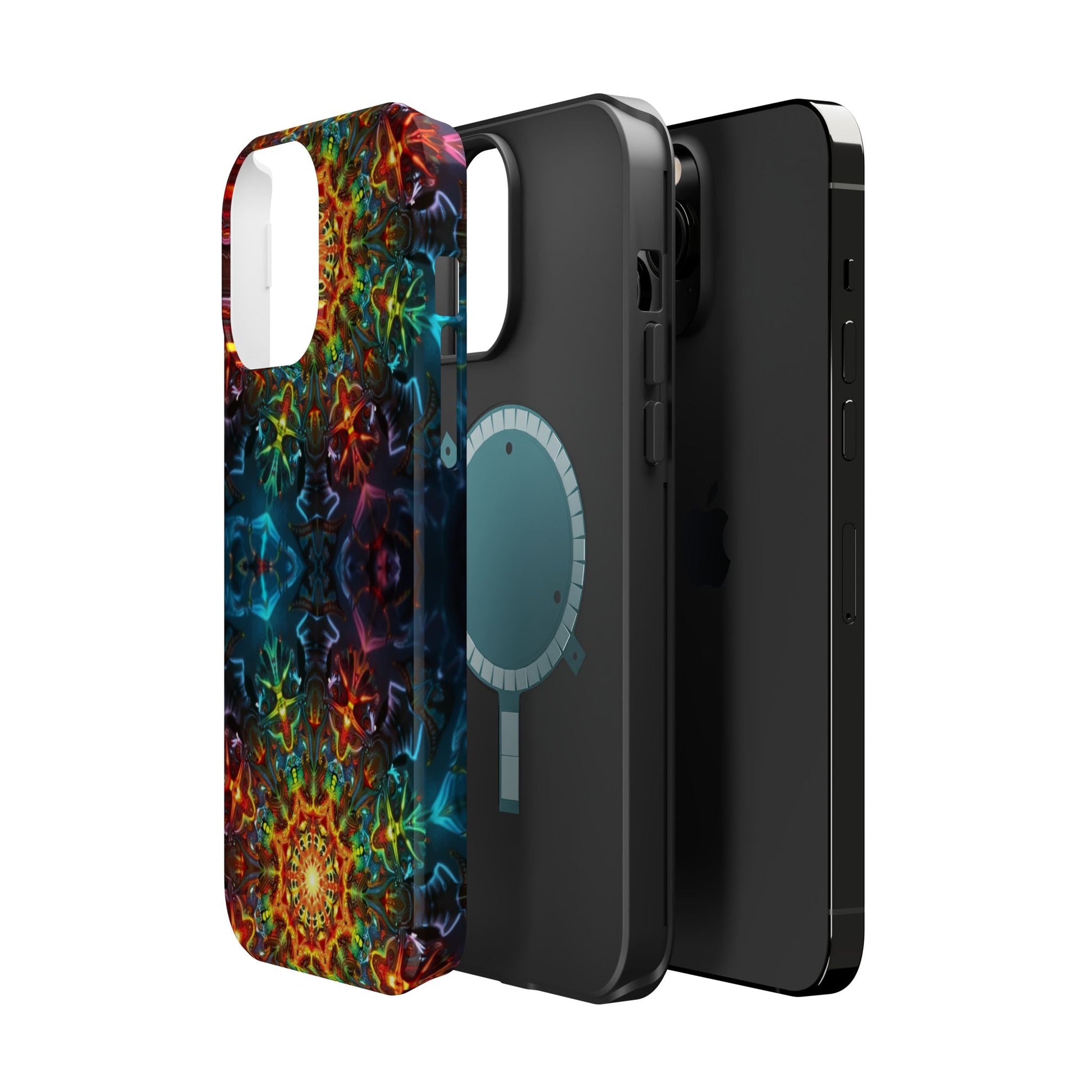 Colorful abstract kaleidoscope design iPhone case with dual-layer protection and MagSafe compatibility