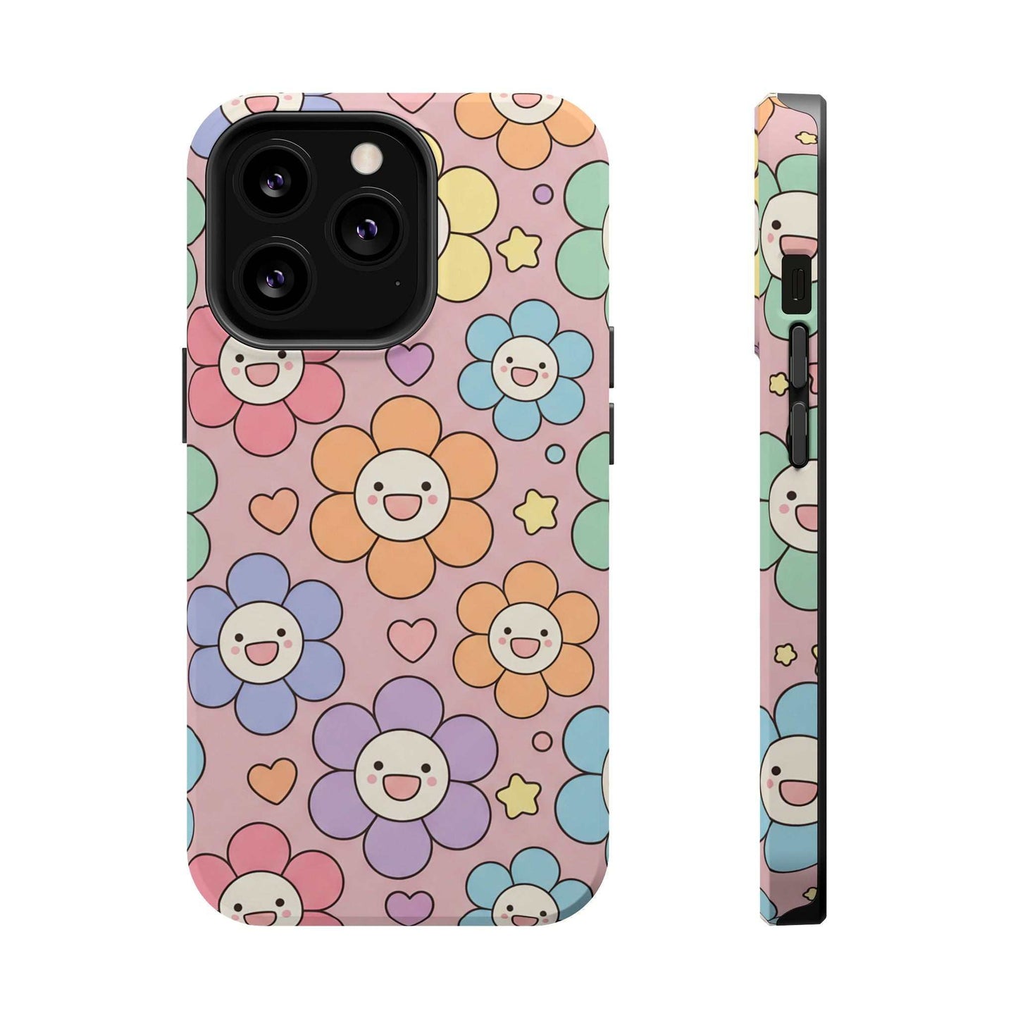 Happy Flower iPhone Tough Case with colorful smiling floral pattern and MagSafe compatibility