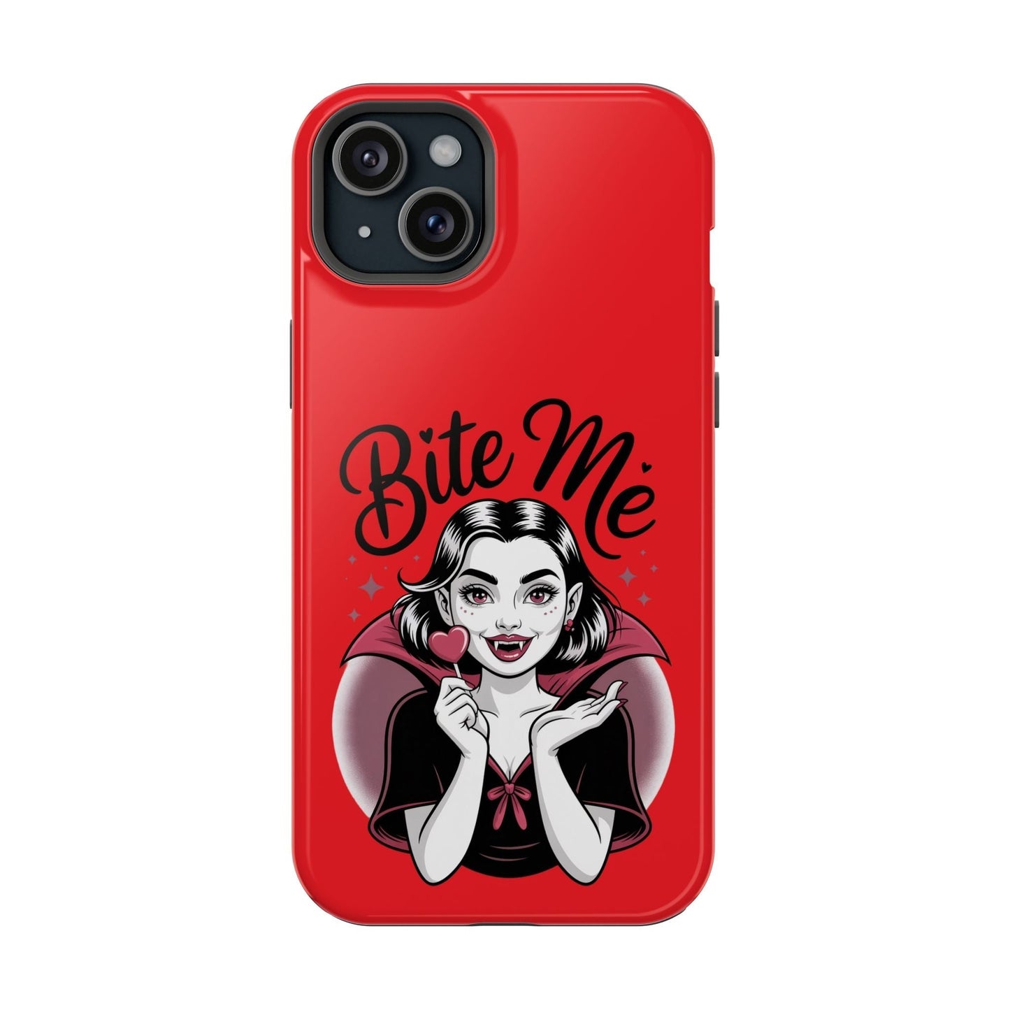 Halloween Vampire iPhone Tough Case with Bite Me design on red, durable MagSafe compatible protective cover