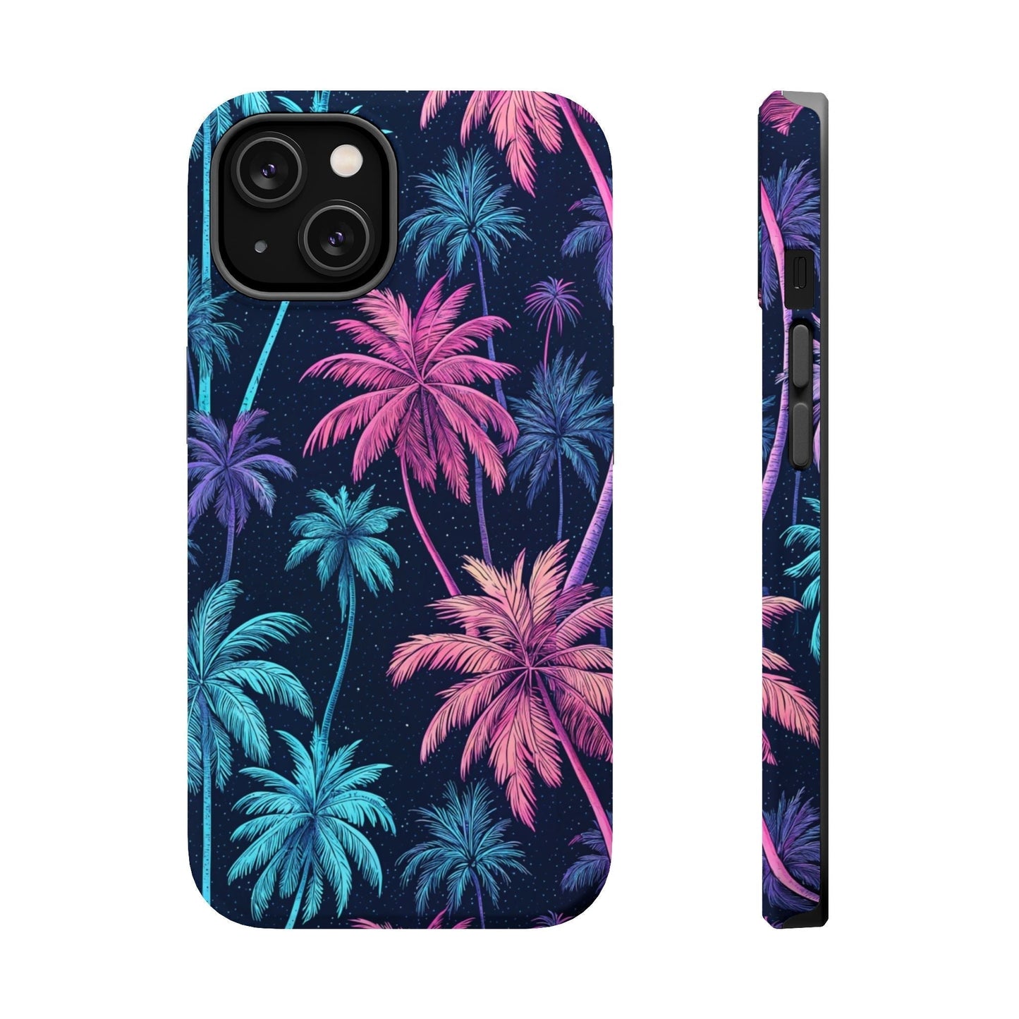 iPhone phone case with neon pink and blue palm tree design, featuring dual-layer protection and MagSafe compatibility