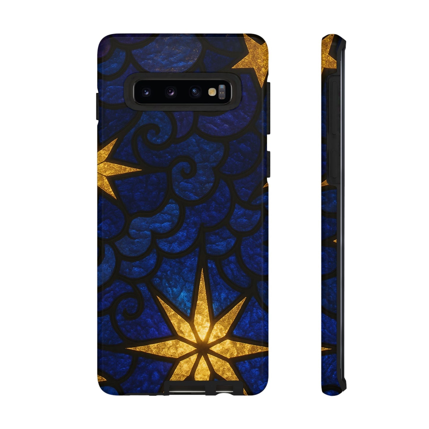 Golden Star Samsung tough case with blue and gold star pattern for Samsung Galaxy phones, durable and impact-resistant protection