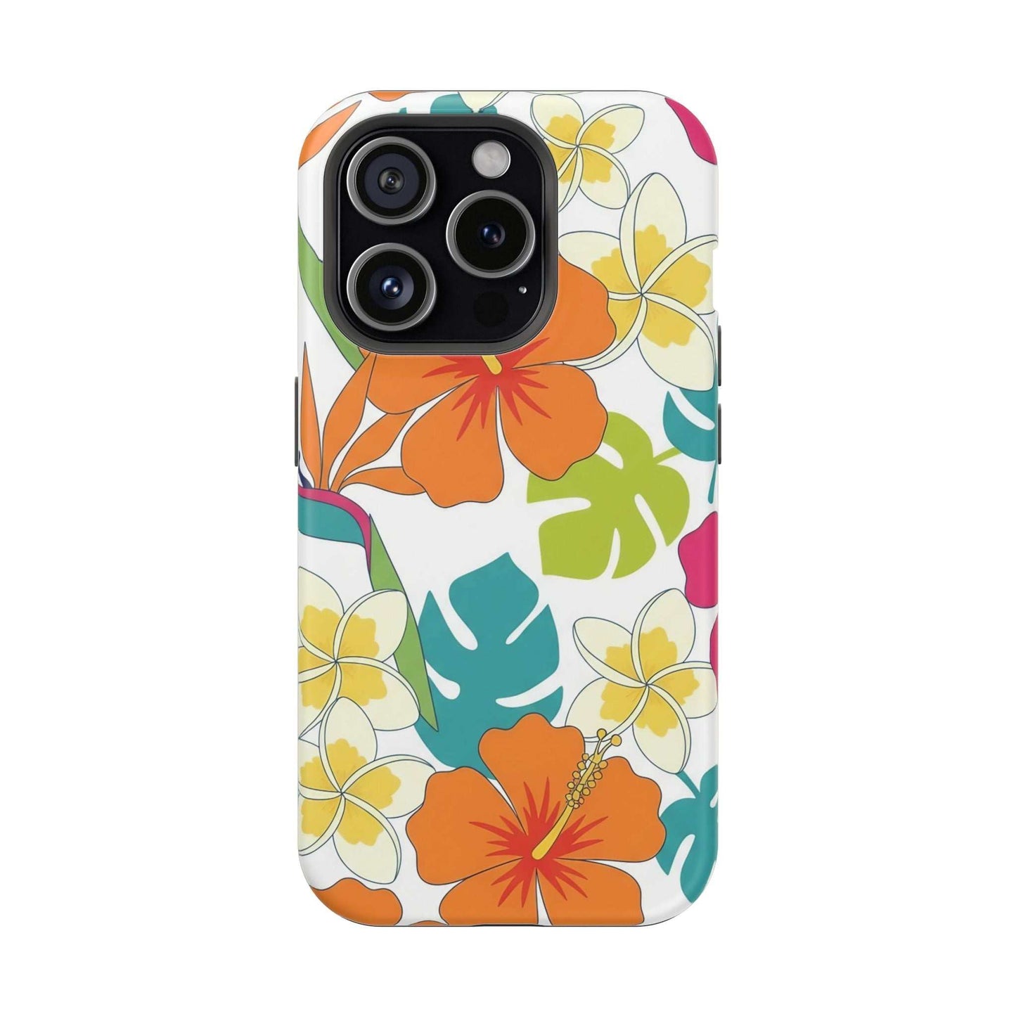 Orange floral iPhone case with impact-resistant dual-layer polycarbonate and MagSafe compatibility