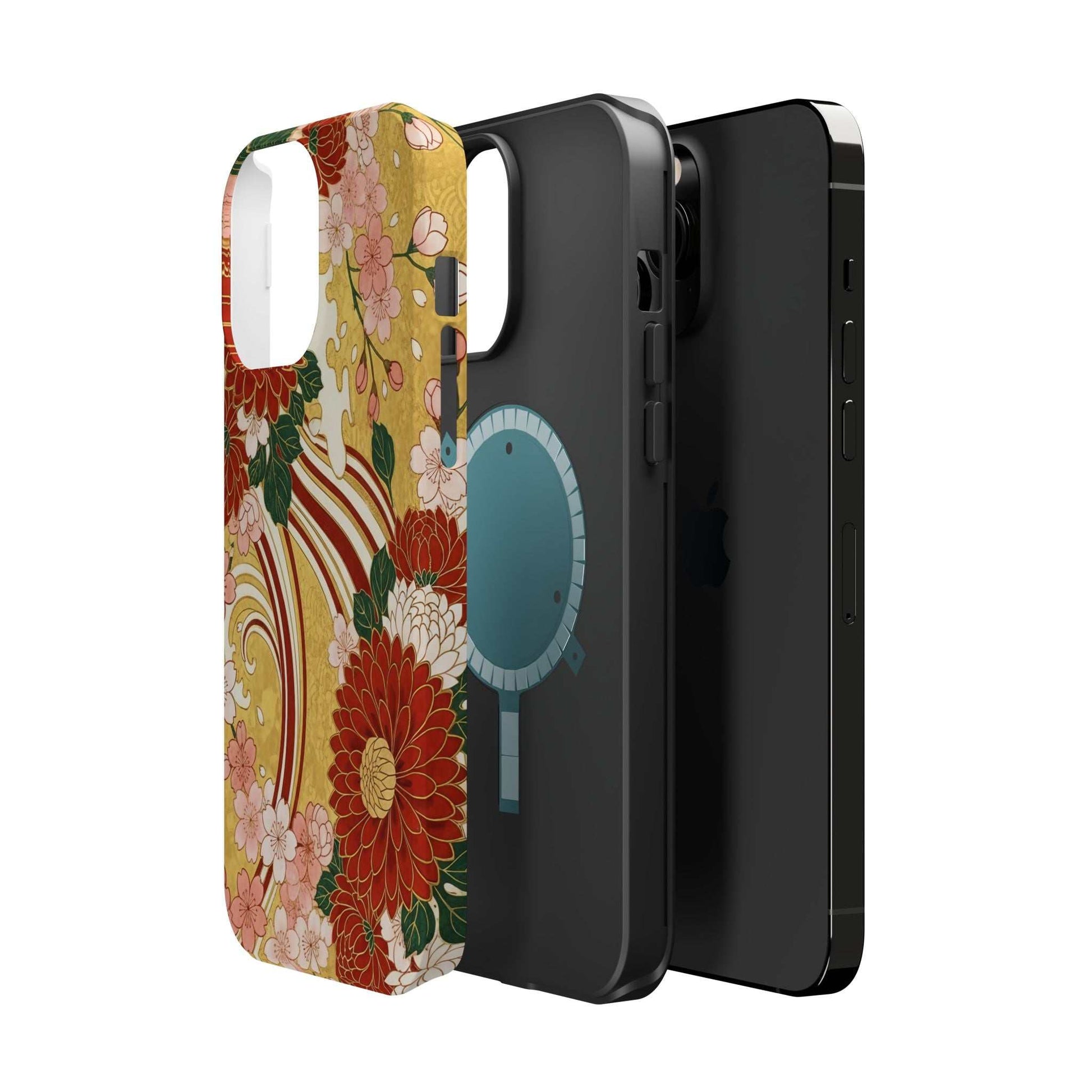 iPhone case with Japanese chrysanthemum and cherry blossom design, impact-resistant, MagSafe compatible, glossy or matte finish