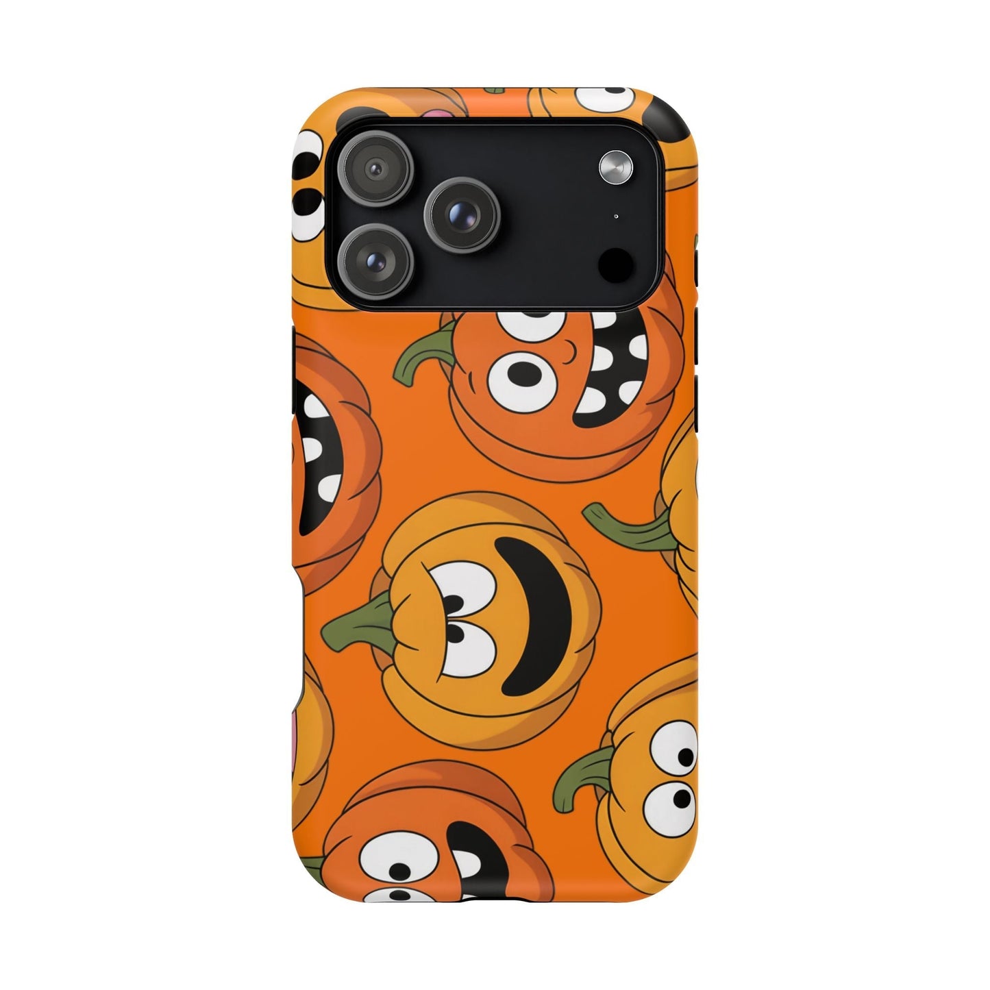 iPhone case with Moody Pumpkins Design featuring vibrant spooky pumpkin faces on orange background
