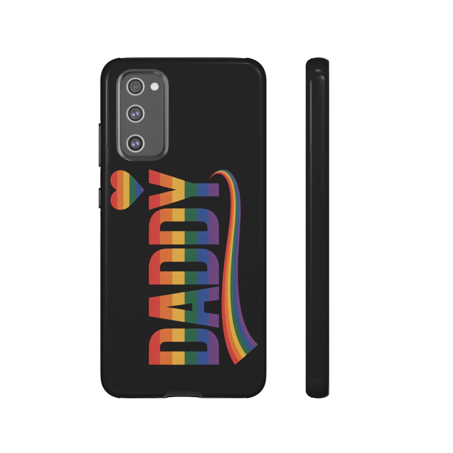 Samsung Tough Case with LGBT inspired rainbow "DADDY" text and heart design on black background for Samsung Galaxy phone