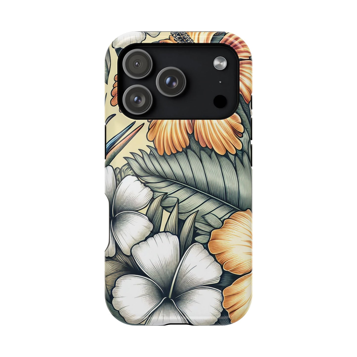 Golden Tropical Floral iPhone tough case with durable dual-layer protection and MagSafe compatibility