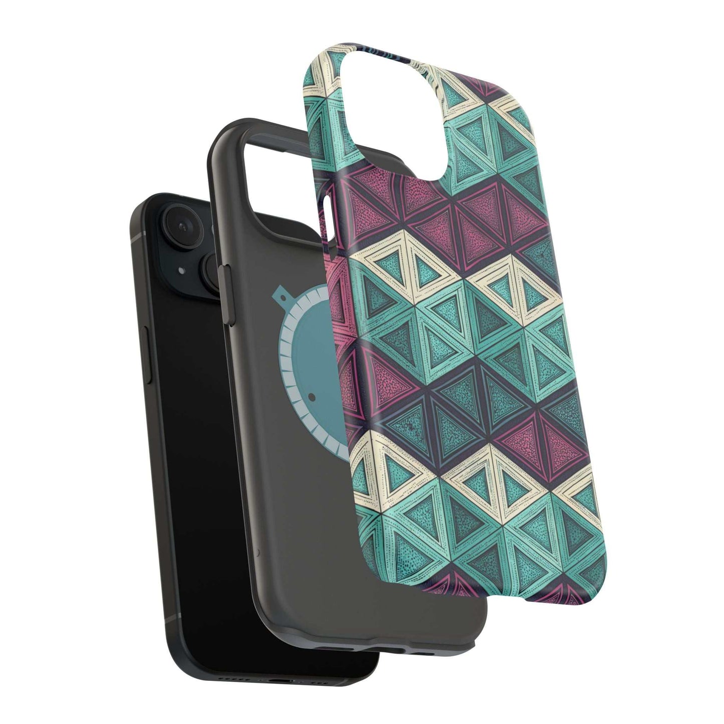 Purple and Teal Abstract geometric pattern magnetic tough iPhone case with MagSafe compatibility and dual-layer protection