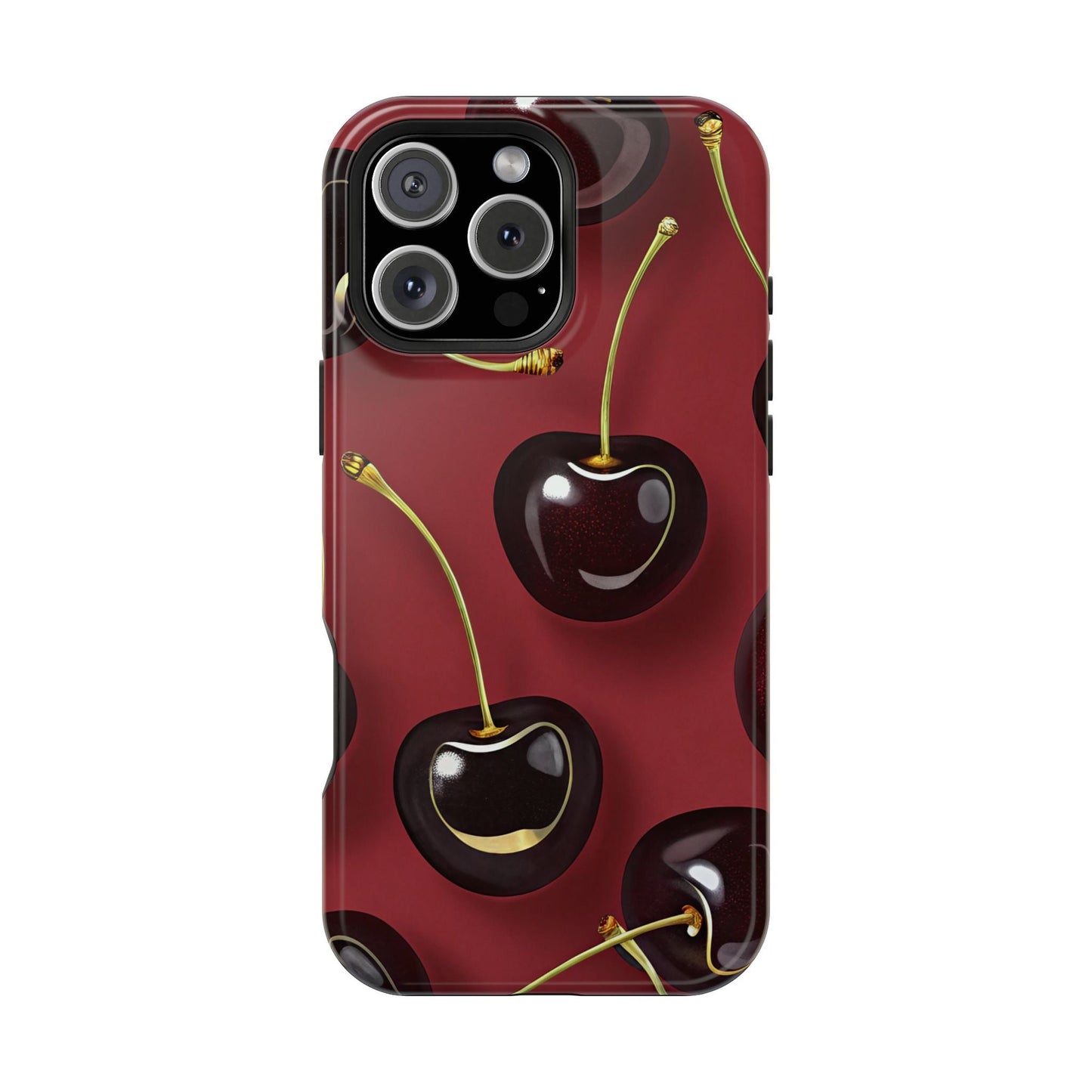 Cherry iPhone tough case with vibrant photo-realistic cherry design, dual-layer protection, and MagSafe compatibility