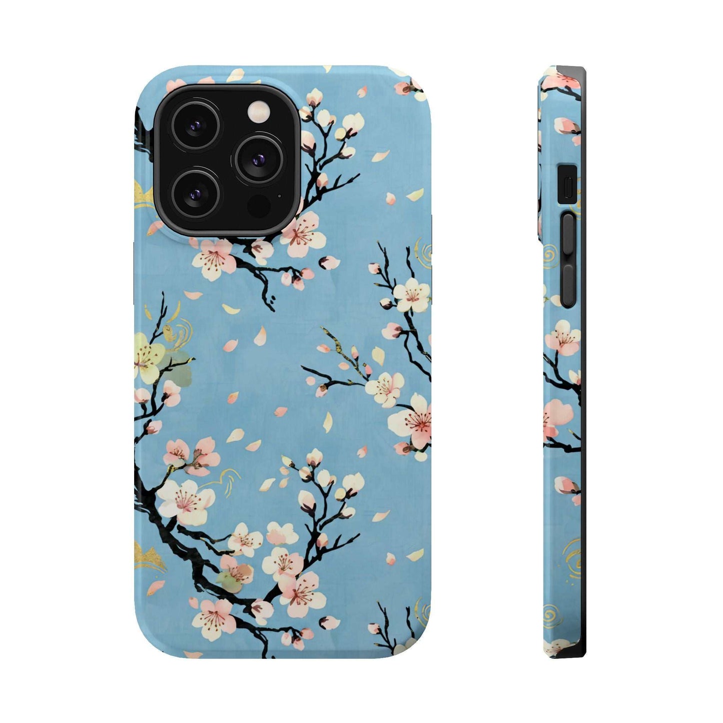 Spring Bloom iPhone Tough Case with floral design, blue background, MagSafe compatible, protective polycarbonate and TPU combo, scratch-resistant finish