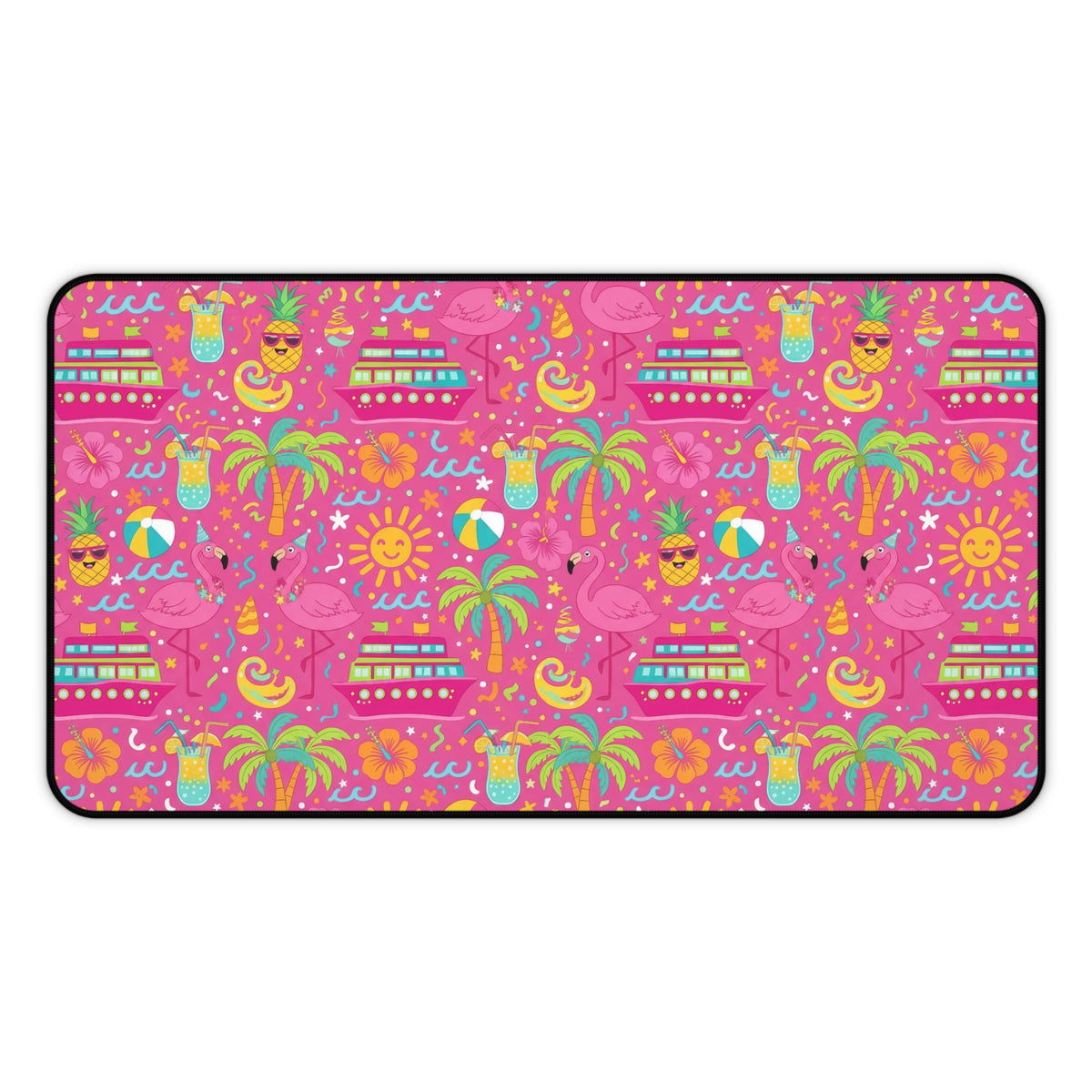 Tropical pattern with flamingos, cruise ships, cocktails, pineapples, and palm trees.