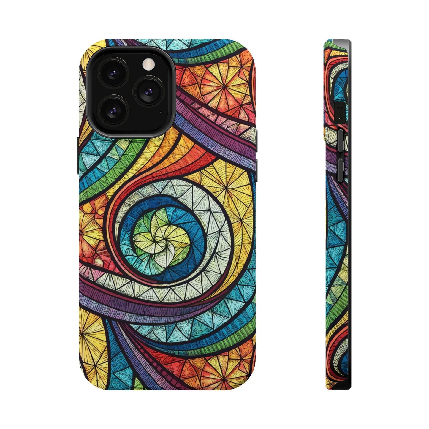 Stained glass inspired rainbow swirl design iPhone case with durable dual-layer protection and built-in MagSafe magnet.