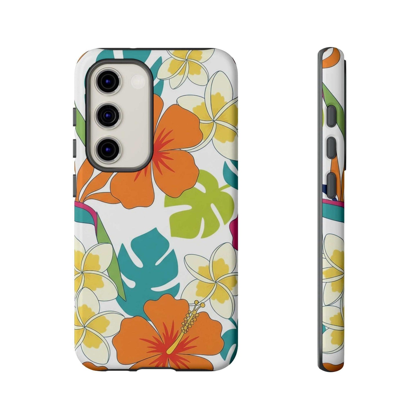 Orange floral Samsung case with vibrant tropical flower design and durable shock-absorbing protection