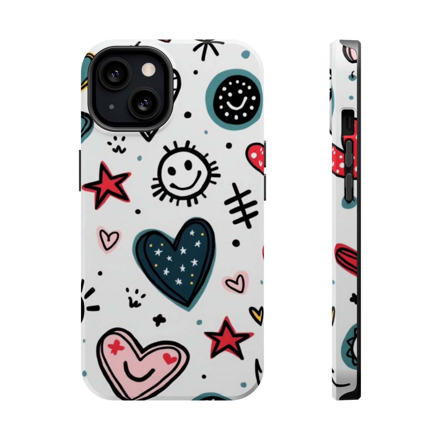iPhone tough case with playful cartoon hearts and smiles design, durable polycarbonate and TPU protection, matte or glossy finish, built-in MagSafe magnet