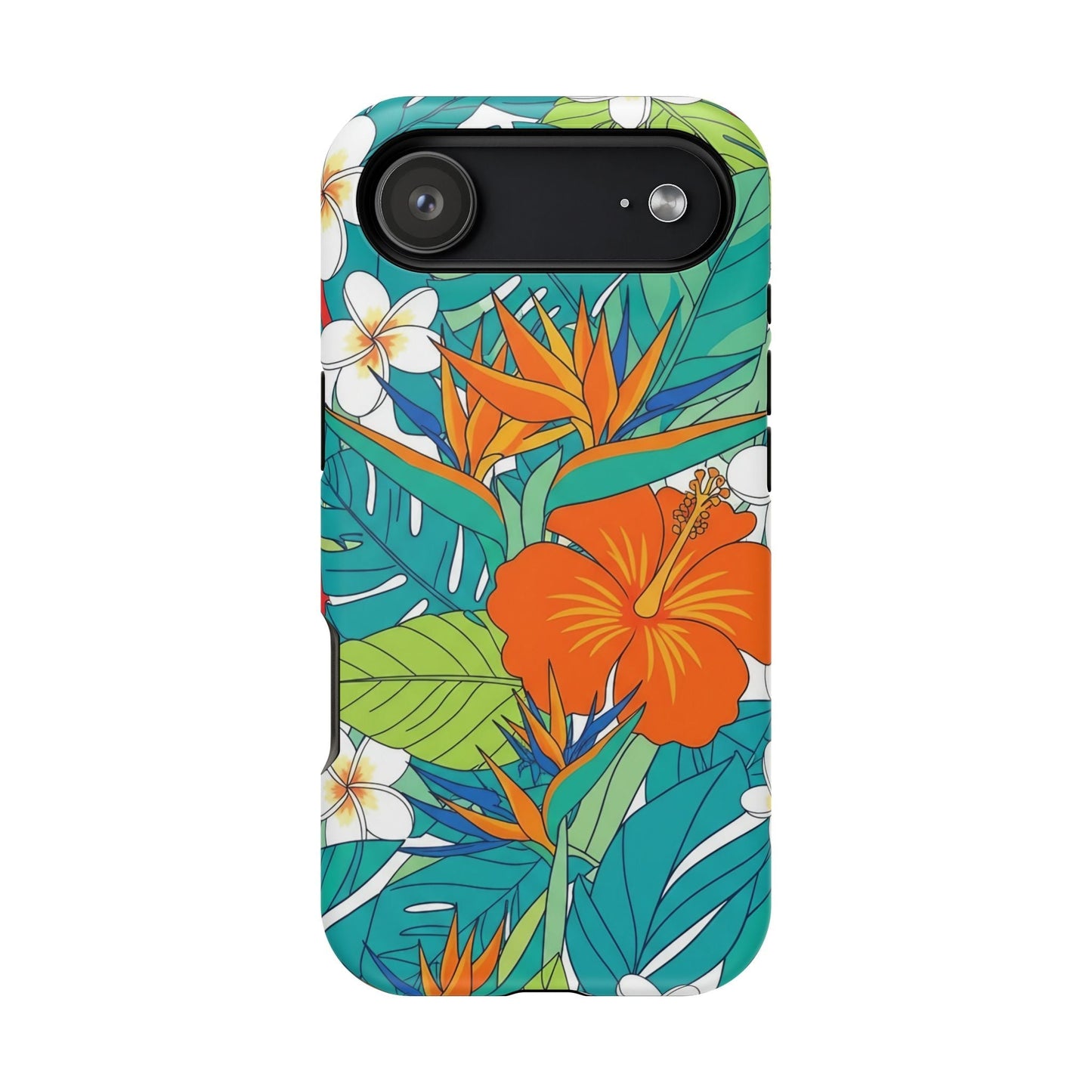 Vibrant floral iPhone case with colorful tropical flower design and durable protective polycarbonate material