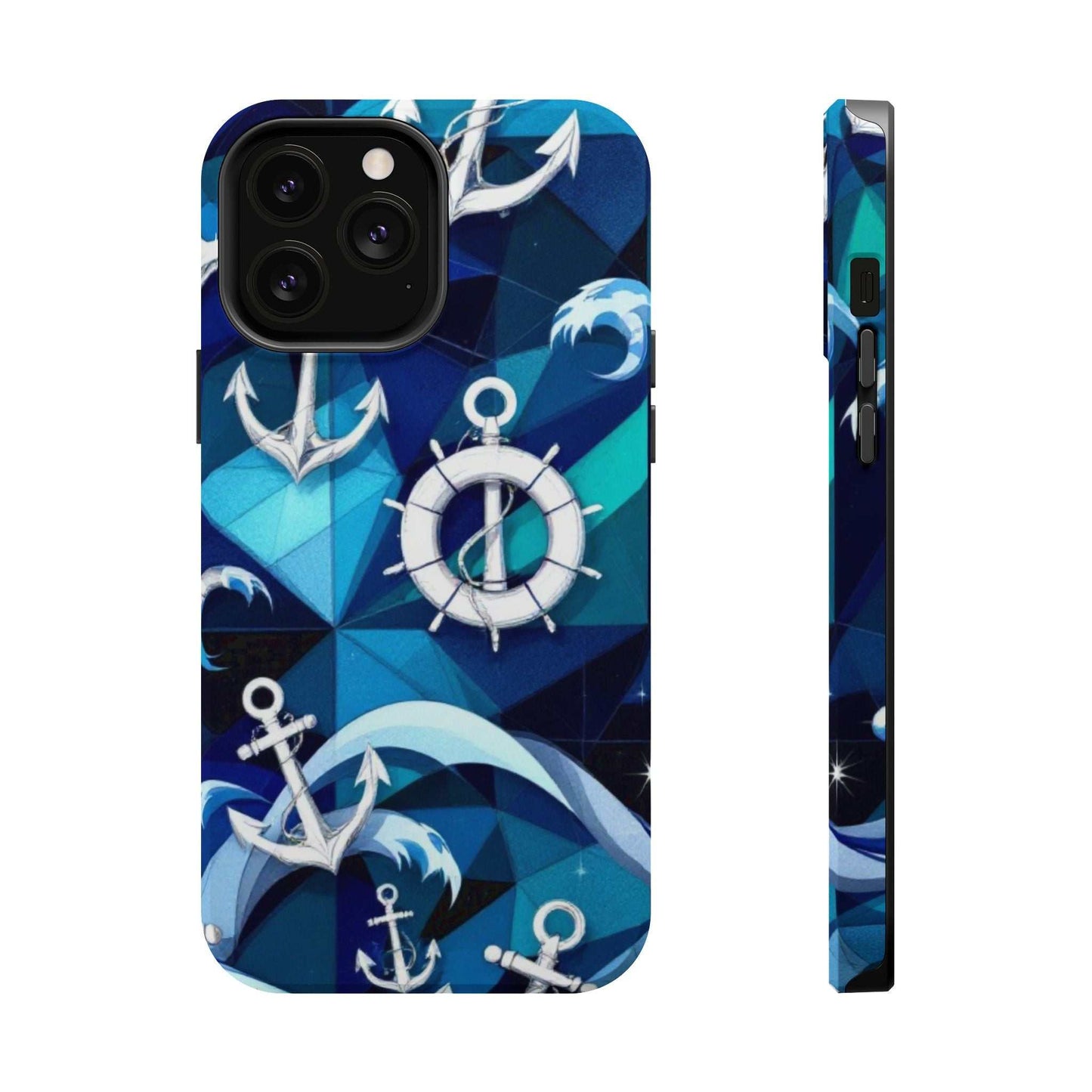 Nautical Anchors iPhone case with maritime design, durable dual-layer protection, and MagSafe compatibility in blue tones