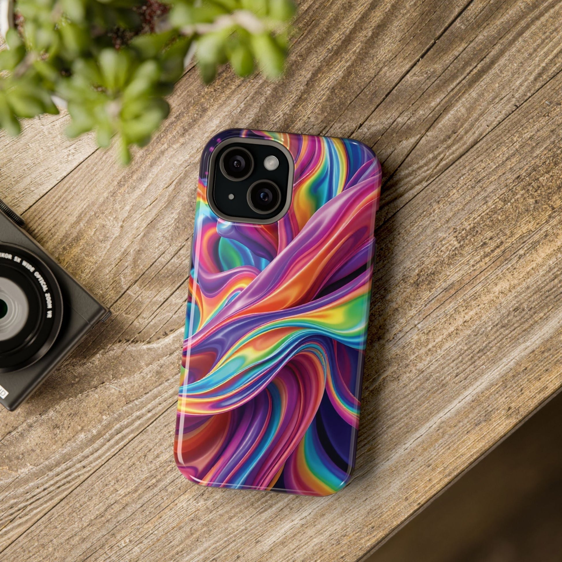 Colorful wrapping rainbow design iPhone tough case with durable dual-layer protection and built-in MagSafe magnet