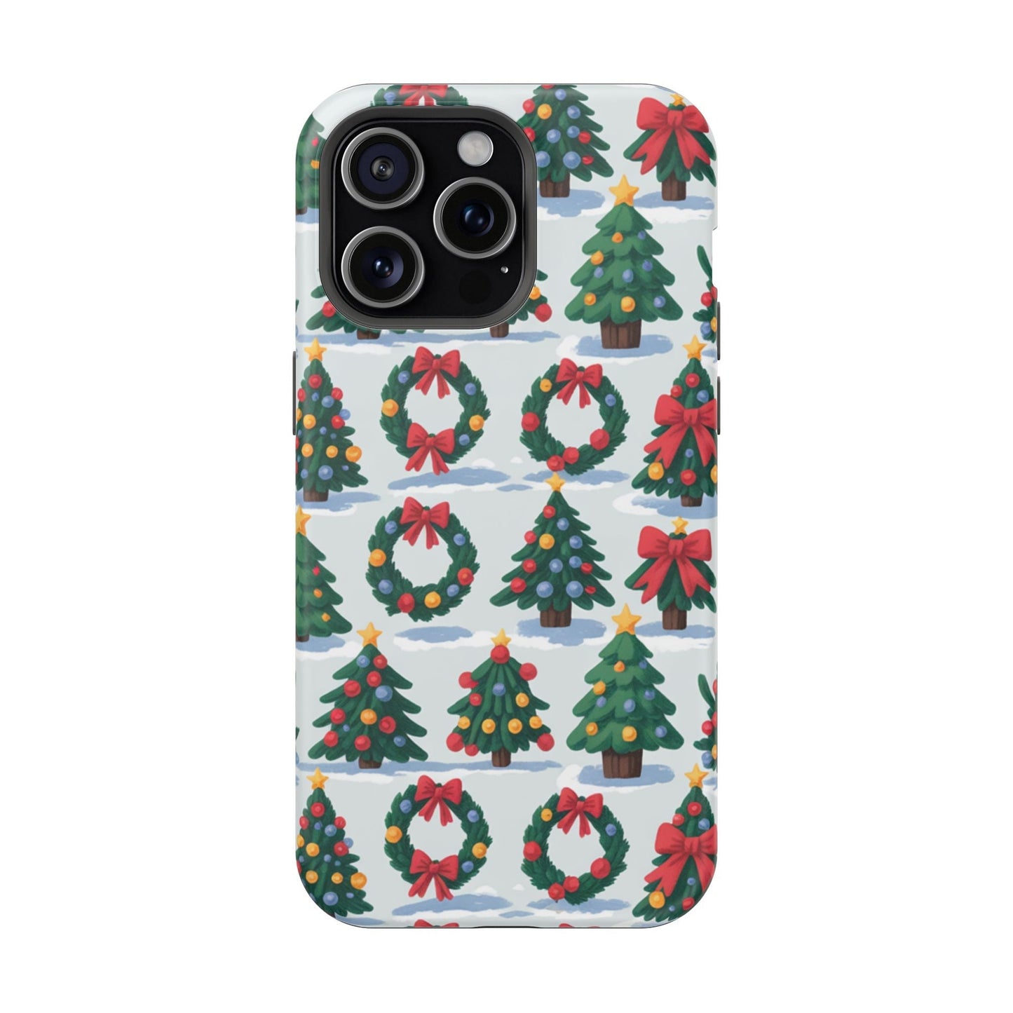 iPhone case with festive holiday tree and wreath pattern for Christmas protection and MagSafe compatibility