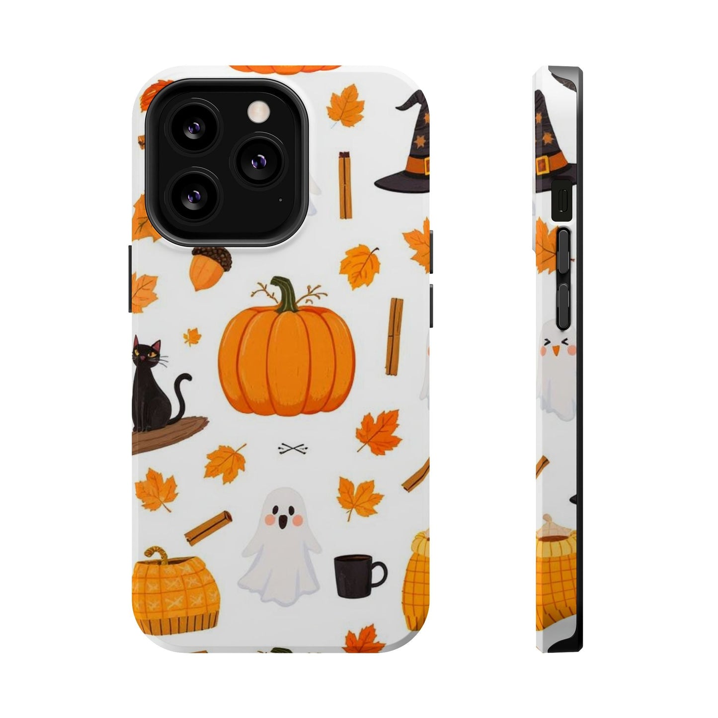 Halloween Pumpkins iPhone case with playful pumpkins, ghosts, black cat, and autumn leaves design, durable protective cover with MagSafe compatibility