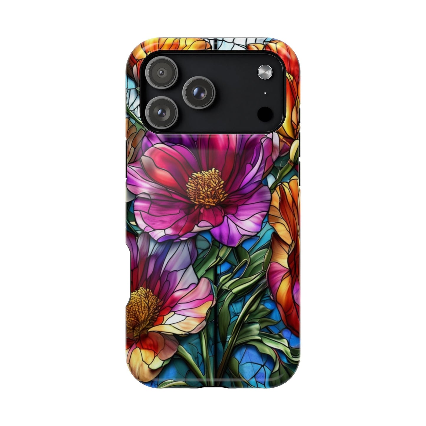 iPhone case with vibrant purple flower design, durable polycarbonate, MagSafe compatible phone cover