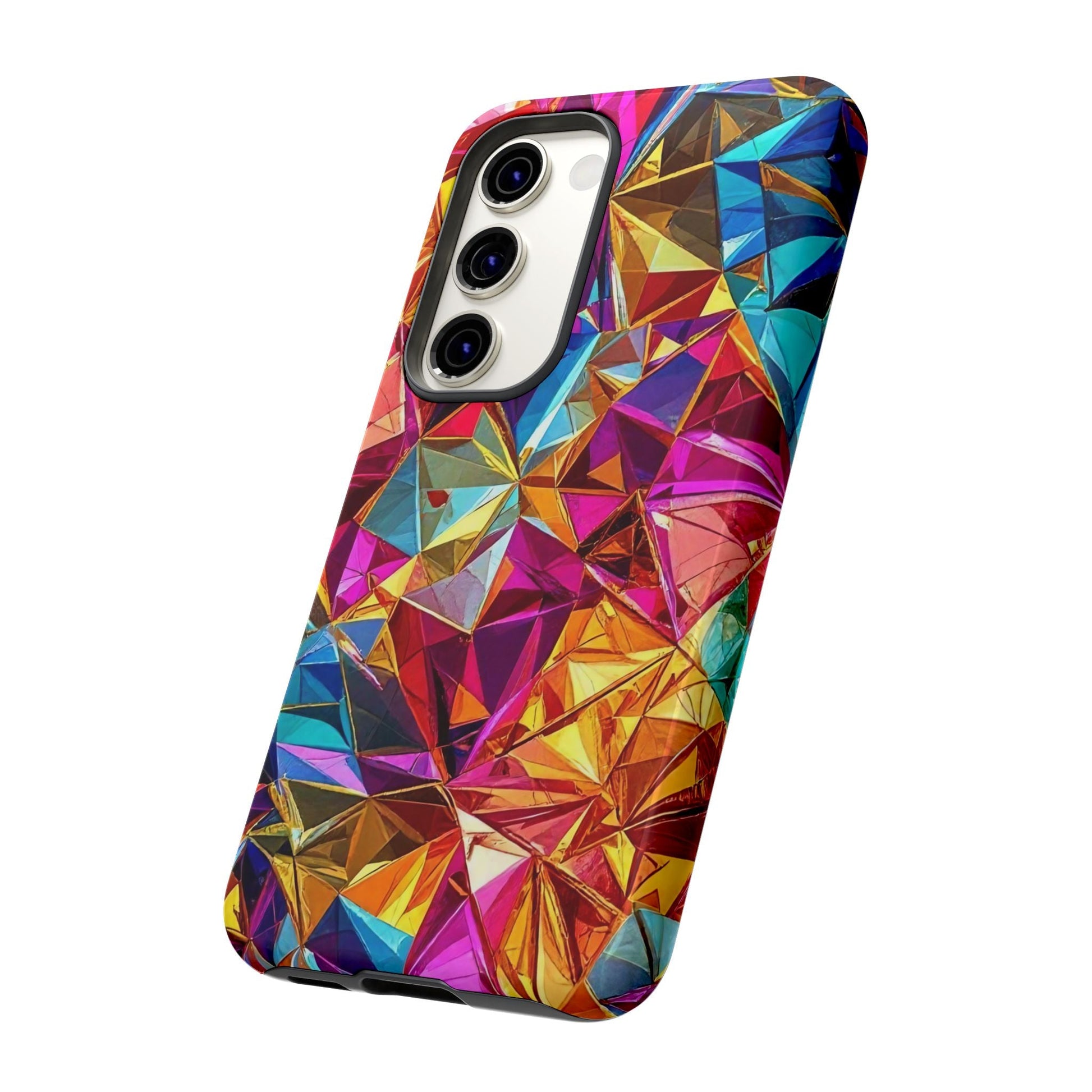 Samsung phone case with vibrant rainbow foil geometric design and impact-resistant protection