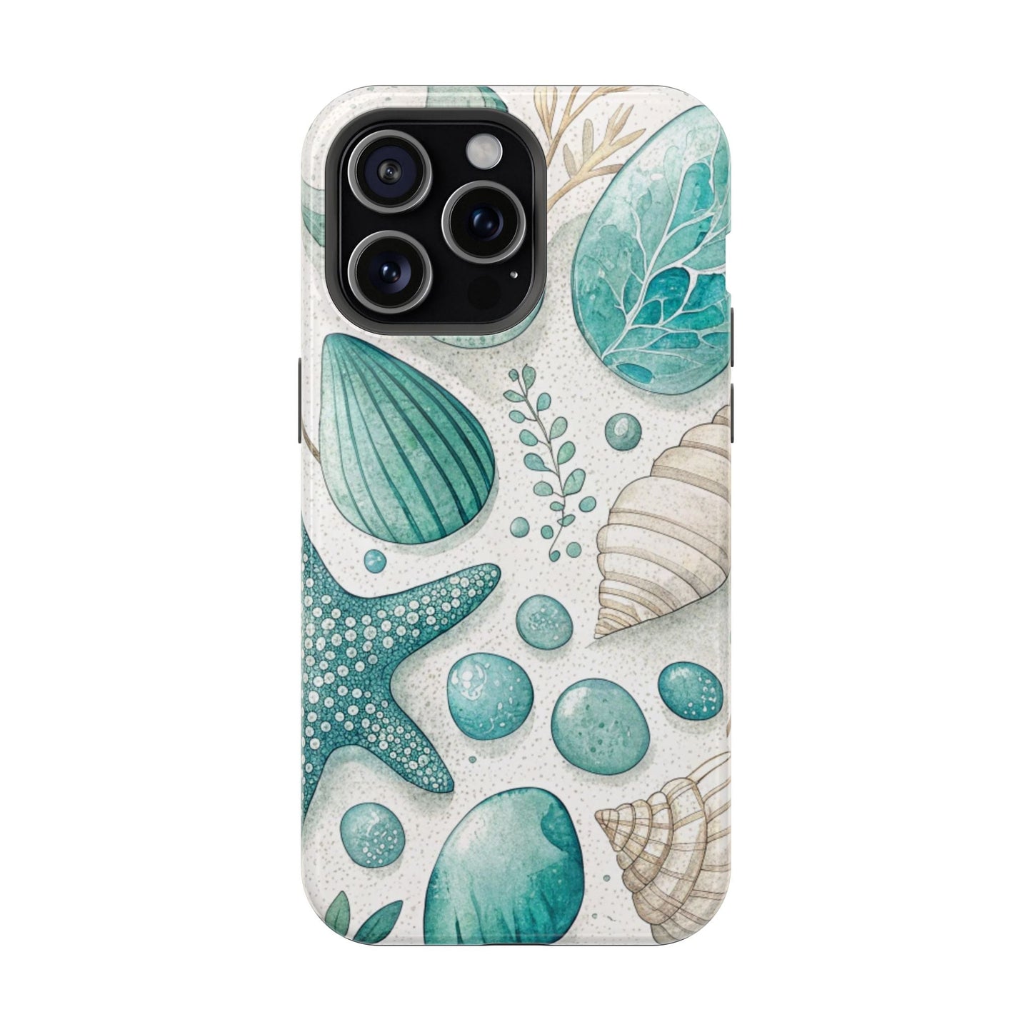 Celebration Sea iPhone Tough Case with ocean shell and starfish design, durable protective phone cover with MagSafe compatibility.